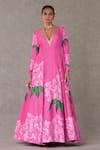 Buy_Masaba_Pink Raw Silk Printed And Embroidered Floral V Candy Swirl Flared Gown_at_Aza_Fashions
