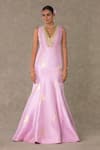 Buy_Masaba_Pink Dupion Silk Printed And Embroidered Bird Foil Son Chidiya Mermaid Gown _at_Aza_Fashions