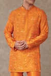 Masaba_Orange Raw Silk Printed Floral Blossom Kurta _Online_at_Aza_Fashions