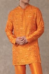 Masaba_Orange Raw Silk Printed Floral Bagh Kurta With Pant _Online_at_Aza_Fashions