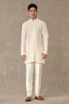 Masaba_Ivory Raja Koti And Pant Raw Silk Embroidered Hath Phool Kurta Set _Online_at_Aza_Fashions