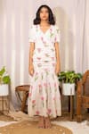 Kalakaari By Sagarika_White Cotton Print Tulip V Ruched Maxi Dress _Online_at_Aza_Fashions