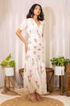 Shop_Kalakaari By Sagarika_White Cotton Print Tulip V Ruched Maxi Dress _Online_at_Aza_Fashions