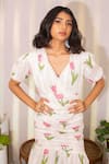 Buy_Kalakaari By Sagarika_White Cotton Print Tulip V Ruched Maxi Dress 