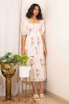 Kalakaari By Sagarika_White Cotton Print Tulip Garden Square Midi Dress _Online_at_Aza_Fashions