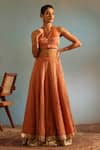 Weaver Story_Orange Tissue Silk Placement Embellished Lehenga Sleeveless Blouse Set _Online_at_Aza_Fashions