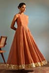 Weaver Story_Orange Tissue, Silk Lace Round Neck Anarkali Churidar Set _Online_at_Aza_Fashions