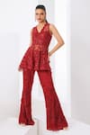 Buy Awigna Red Net, Linen Embroidery Scoop Neck, Floral Peplum Top And Pant Set at Aza Fashions Buy_Awigna_Red Net, Linen Embroidery Scoop Neck, Floral Peplum Top And Pant Set _at_Aza_Fashions