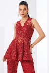 Shop Awigna Red Net, Linen Embroidery Scoop Neck, Floral Peplum Top And Pant Set at Aza Fashions Shop_Awigna_Red Net, Linen Embroidery Scoop Neck, Floral Peplum Top And Pant Set _at_Aza_Fashions