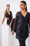 Shop Awigna Black Net, Satin, Georgette Embroidery, Tassels V-neck Pre-draped Saree Set at Aza Fashions Shop_Awigna_Black Net, Satin, Georgette Embroidery, Tassels V-neck Pre-draped Saree Set _at_Aza_Fashions
