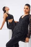 Shop Awigna Black Net, Satin, Georgette Embroidery, Tassels V-neck Pre-draped Saree Set Online at Aza Fashions Shop_Awigna_Black Net, Satin, Georgette Embroidery, Tassels V-neck Pre-draped Saree Set _Online_at_Aza_Fashions