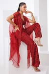 Shop_Awigna_Red Net Sequins, Cut Work Sweetheart Neck Embroidered Cape Pant Set _at_Aza_Fashions