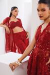 Shop_Awigna_Red Net Sequins, Cut Work Sweetheart Neck Embroidered Cape Pant Set _Online_at_Aza_Fashions