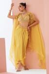Buy Awigna Yellow Satin, Georgette, Organza Pearls, Asymmetric Embroidered Cape Dhoti Set at Aza Fashions Buy_Awigna_Yellow Satin, Georgette, Organza Pearls, Asymmetric Embroidered Cape Dhoti Set _at_Aza_Fashions