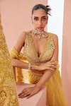 Shop Awigna Yellow Satin, Georgette, Organza Pearls, Asymmetric Embroidered Cape Dhoti Set at Aza Fashions Shop_Awigna_Yellow Satin, Georgette, Organza Pearls, Asymmetric Embroidered Cape Dhoti Set _at_Aza_Fashions