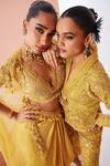 Shop Awigna Yellow Satin, Georgette, Organza Pearls, Asymmetric Embroidered Cape Dhoti Set Online at Aza Fashions Shop_Awigna_Yellow Satin, Georgette, Organza Pearls, Asymmetric Embroidered Cape Dhoti Set _Online_at_Aza_Fashions