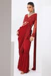 Buy_Awigna_Red Saree Chiffon Embroidered Sequin V Neck Ruby Pre-draped Sharara Set _at_Aza_Fashions