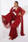 Shop_Awigna_Red Saree Chiffon Embroidered Sequin V Neck Ruby Pre-draped Sharara Set _at_Aza_Fashions