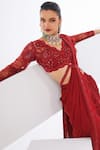 Awigna_Red Saree Chiffon Embroidered Sequin V Neck Ruby Pre-draped Sharara Set _Online_at_Aza_Fashions