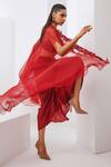Shop_Awigna_Red Satin, Georgette Sequins, Pearls, Cut Work Embroidered Cape Dhoti Skirt Set _at_Aza_Fashions