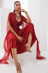 Shop_Awigna_Red Satin, Georgette Sequins, Pearls, Cut Work Embroidered Cape Dhoti Skirt Set _Online_at_Aza_Fashions