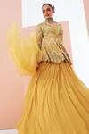 Buy_Awigna_Yellow Net, Georgette Cut Work, Pearls, Sequins, Peplum Jacket Lehenga Set_at_Aza_Fashions