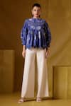 Buy_BUNKA_Blue Cotton Silk Print Floral High Neck Lea Top_at_Aza_Fashions