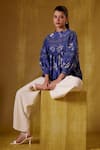 BUNKA_Blue Cotton Silk Print Floral High Neck Lea Top_Online_at_Aza_Fashions