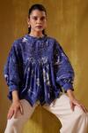 Buy_BUNKA_Blue Cotton Silk Print Floral High Neck Lea Top_Online_at_Aza_Fashions