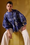 Shop_BUNKA_Blue Cotton Silk Print Floral High Neck Lea Top_Online_at_Aza_Fashions