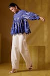 BUNKA_Blue Cotton Silk Print Floral High Neck Lea Top_at_Aza_Fashions