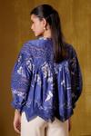 Shop_BUNKA_Blue Cotton Silk Print Floral High Neck Lea Top_at_Aza_Fashions