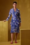Buy Bunka Blue Cotton, Silk Collared Tasha Floral Print Wrap Dress at Aza Fashions Buy_Bunka_Blue Cotton, Silk Collared Tasha Floral Print Wrap Dress _at_Aza_Fashions