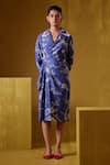 Bunka Blue Cotton, Silk Collared Tasha Floral Print Wrap Dress Online at Aza Fashions Bunka_Blue Cotton, Silk Collared Tasha Floral Print Wrap Dress _Online_at_Aza_Fashions
