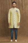 Aryavir Malhotra_Gold Kurta Banarasi Jacquard Woven And Embroidered Floral Jaal Pattern & Set _Online_at_Aza_Fashions