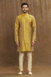 Aryavir Malhotra_Gold Kurta Banarasi Jacquard Woven And Embroidered Floral Jaal Pattern & Set _Online_at_Aza_Fashions