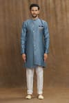 Aryavir Malhotra_Blue Kurta Banarasi Jacquard Woven And Embroidered Mughal Pattern & Thread Set _Online_at_Aza_Fashions