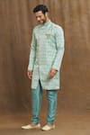 Buy_Aryavir Malhotra_Blue Kurta Banarasi Jacquard Woven And Embroidered Leaf Pattern & Thread Work Set _Online_at_Aza_Fashions