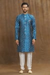 Aryavir Malhotra_Blue Kurta Banarasi Jacquard Woven Bloom Pattern Set _Online_at_Aza_Fashions