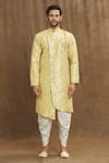 Aryavir Malhotra_Yellow Kurta Banarasi Jacquard Woven Leaf Set _Online_at_Aza_Fashions