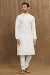 Buy_Arihant Rai Sinha_Off White Kurta Soft Plain Art Silk Embroidery Stitchline Mandarin Collar Set _at_Aza_Fashions