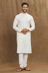 Buy_Arihant Rai Sinha_Off White Kurta Soft Plain Art Silk Embroidery Stitchline Mandarin Collar Set _Online_at_Aza_Fashions