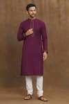 Buy_Arihant Rai Sinha_Magenta Kurta Soft Plain Art Silk Embroidery Stitchline Thread Neckline Set _at_Aza_Fashions