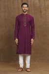 Arihant Rai Sinha_Magenta Kurta Soft Plain Art Silk Embroidery Stitchline Thread Neckline Set _Online_at_Aza_Fashions