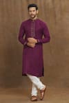 Buy_Arihant Rai Sinha_Magenta Kurta Soft Plain Art Silk Embroidery Stitchline Thread Neckline Set _Online_at_Aza_Fashions