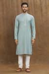 Arihant Rai Sinha_Blue Silk Embroidery Stitchline Thread Placement Kurta _Online_at_Aza_Fashions