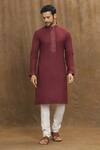 Buy_Arihant Rai Sinha_Maroon Soft Plain Art Silk Embroidery Stitchline Thread Collar Kurta _at_Aza_Fashions