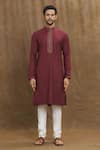 Arihant Rai Sinha_Maroon Soft Plain Art Silk Embroidery Stitchline Thread Collar Kurta _Online_at_Aza_Fashions