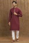 Buy_Arihant Rai Sinha_Maroon Soft Plain Art Silk Embroidery Stitchline Thread Collar Kurta _Online_at_Aza_Fashions