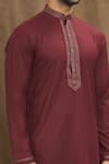 Shop_Arihant Rai Sinha_Maroon Soft Plain Art Silk Embroidery Stitchline Thread Collar Kurta _Online_at_Aza_Fashions